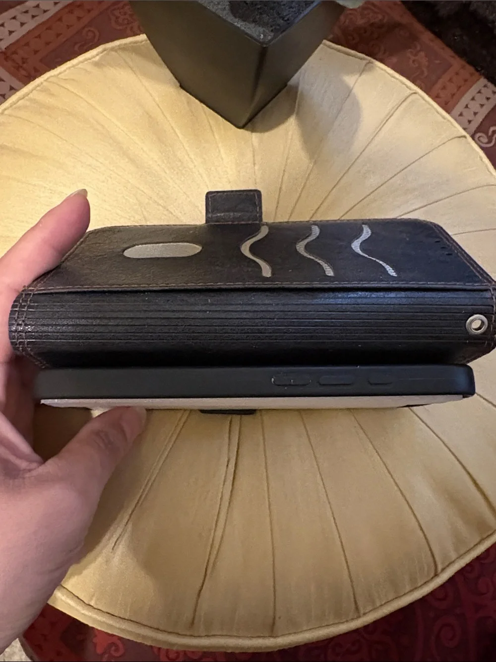 NWT Black Leather iPhone 16/17 Wallet Case with Red Stitching